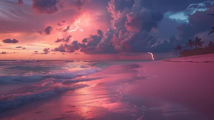 Tableaux ronds sur aluminium Descente vers la plage beach with pink sand at sunset with dark storm clouds on the horizon and a lighting bolt in the distance