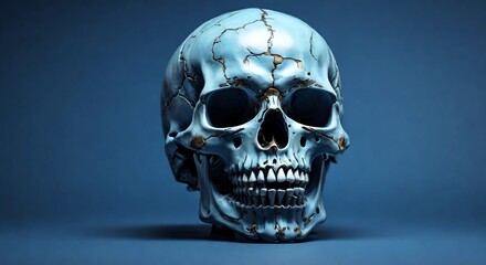Vivid Human Skull Isolated on Blue Background: A Striking Visual Element for Educational or Artistic Purposes, copy space, helloween