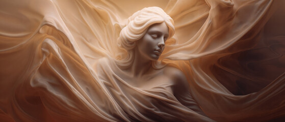 Sculpture of a beautiful female angel shrouded in ethereal robe eternally at peace, carved out of flawless marble stone.