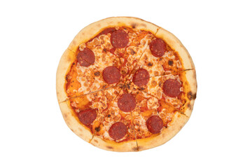 Tasty pizza isolated on a white background. Sliced pizza overhead view