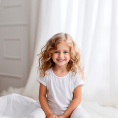 Naklejka premium Smiling little girl in white t-shirt