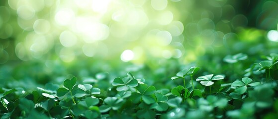 Shamrock background sun lights on bokeh. St. Patrick's Day background with green clover leaves