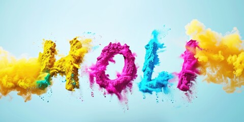 Holi word written colorful powder in blue sky. Explosion of colorful powder with Holi word made from pressed yellow powder. Happy Holi Indian festival concept