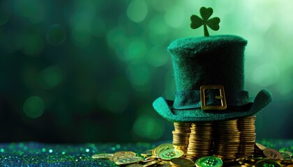 Leprechaun hat with gold coins and clover on green sparkling background. St. Patrick's Day celebration concept for greeting card and banner design with copy space for text - obrazy, fototapety, plakaty