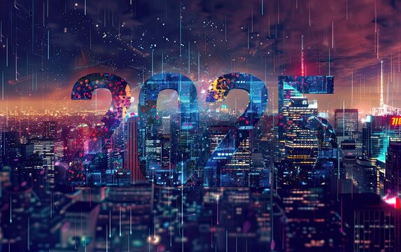 a shiny number 2025 floating on the city sky night,high quality