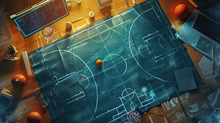 a top angle shot of a basketball playbook sketch. bright and natural lighting. dynamic top angle view