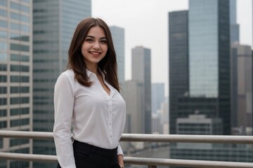Portrait of a young beautiful businesswoman standing against a backdrop of modern skyscrapers with copy space.