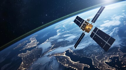 Orbiting telecommunications satellite facilitating global internet and fast data transmission across Europe in low-Earth orbit.