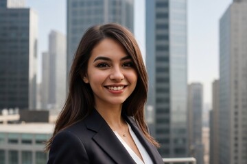 Fototapeta premium Portrait of a young beautiful businesswoman standing against a backdrop of modern skyscrapers with copy space.