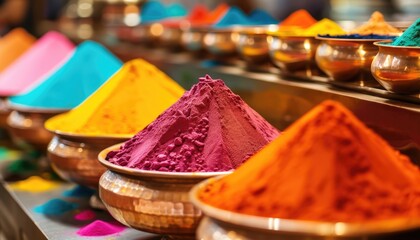 Traditional Holi colorful powders displayed in bowls for the festival of colors. Cultural and celebration concept for design and background - obrazy, fototapety, plakaty