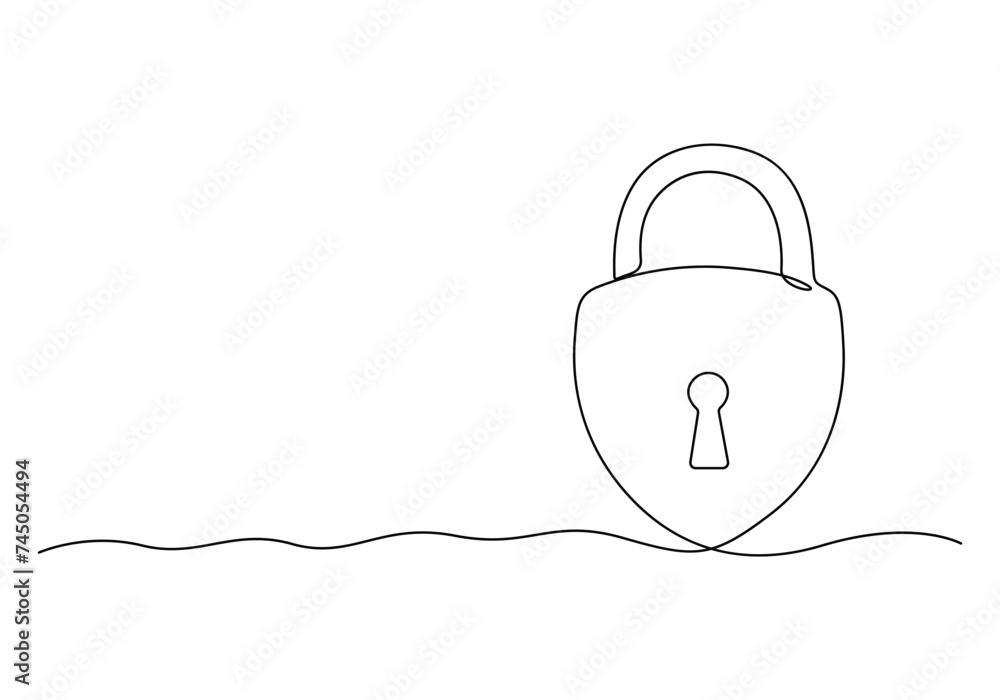Poster one continuous line drawing of padlock. isolated on white background vector illustration. pro vector