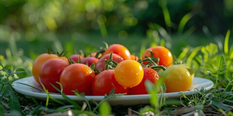 Various sizes and hues of tomatoes arranged on a white plate against a garden backdrop.