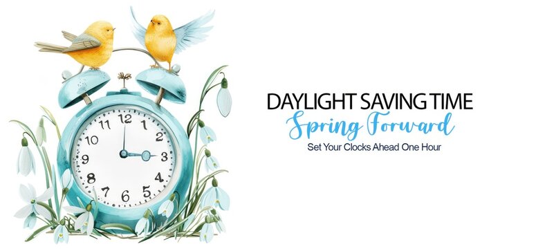 Daylight saving time begins banner. Spring forward reminder card with clock and birds with blossoming snowdrops flowers. Text Set your clocks one hour ahead. Illustration in vintage watercolor style