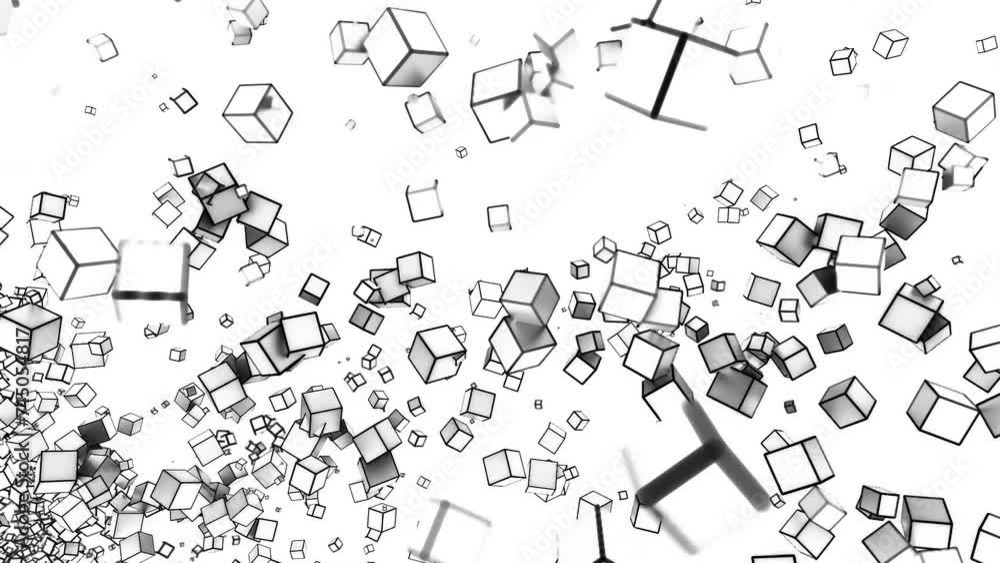 Poster Abstract spreading stream of 3d cubes. Motion. Silhouettes of small flying and rotating cubes.