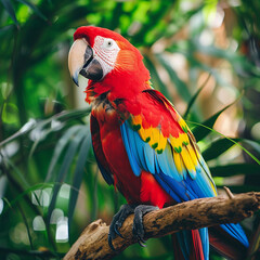 Vibrant parrot in a tropical rainforest showcasing its colorful feathers and natural habitat