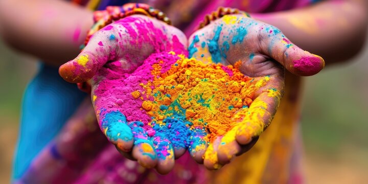 Hands holding vibrant Holi powders. Indian Happy Holi festival background