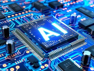 AI processor glows with, powerful chip of artificial intelligence radiates, powerful computer processor microchip with the word representing artificial intelligence, AI technology