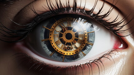 An eye with a clock inside , lifespan time concept,  surrealism, realistic - obrazy, fototapety, plakaty