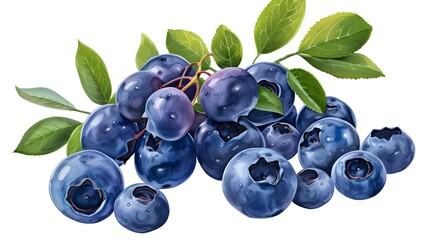 Blueberry Graphic Design: Isolated Berries and Leaves on White - obrazy, fototapety, plakaty