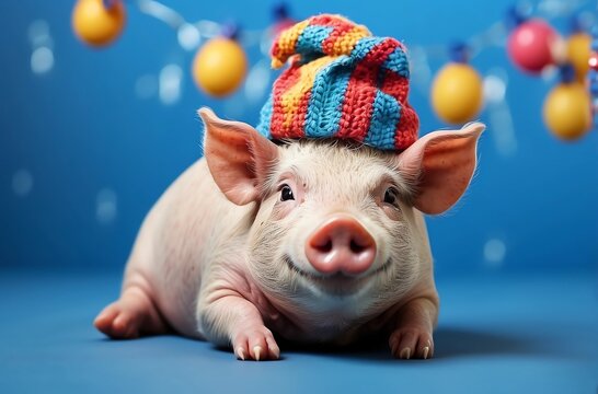 Funny pig in clown hat on blue background. April Fools' Day celebration. Copy space.
