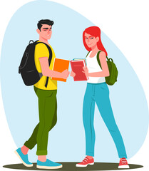 Young students girl and guy with books and backpacks go to class. Stock vector illustration.