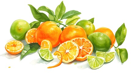 Fresh Citrus Illustration: Oranges, Limes, and Leaves on White Background