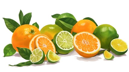 Citrus Still Life: Group of Oranges and Limes with Leaves, White Background