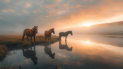 amazing Photography of iceland landscape,iceland ponies,sunrise,fog,soft light,vignette,ultrarealistic