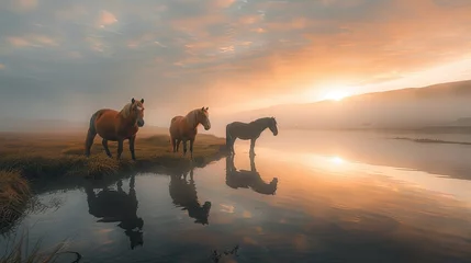 Foto op Canvas amazing Photography of iceland landscape,iceland ponies,sunrise,fog,soft light,vignette,ultrarealistic © paisorn