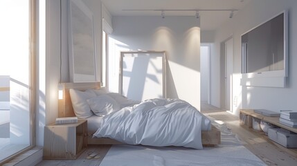 Bedroom interior in Scandinavian style with a wooden frame for a painting or photograph on the wall. The concept of a cozy home for yourself and your family - obrazy, fototapety, plakaty