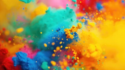 Obraz premium Explosion of colored powders in vibrant hues of blue, yellow, and red, fill all background. Abstract and artistic concept for design and background. Holi celebration colorful powder.