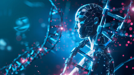 Artificial intelligence AI in Healthcare. DNA double helix intertwined with digital AI elements, highlighting the role of AI in genetic research and personalized medicine. 