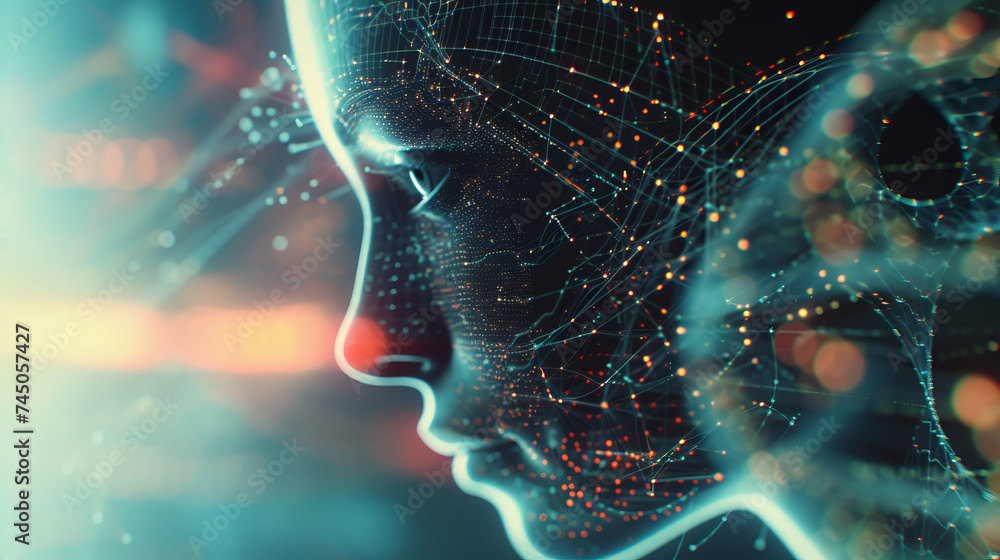 Poster artificial intelligence ai in healthcare. dna double helix intertwined with digital ai elements, hig