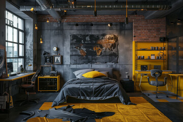 Grey apartment with bed, desk, chair, brick wall, yellow details.AI generated