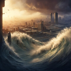 Big city, tsunami apocalypse. - obrazy, fototapety, plakaty