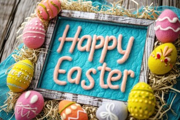 Happy Easter text made by soft pink wool in felting style with frame surrounded by painted colorful eggs. Easter Holiday background, poster, card