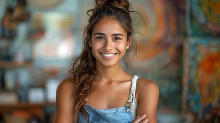 Naklejka premium A confident, attractive Hispanic female artist sitting with crossed arms in her studio.