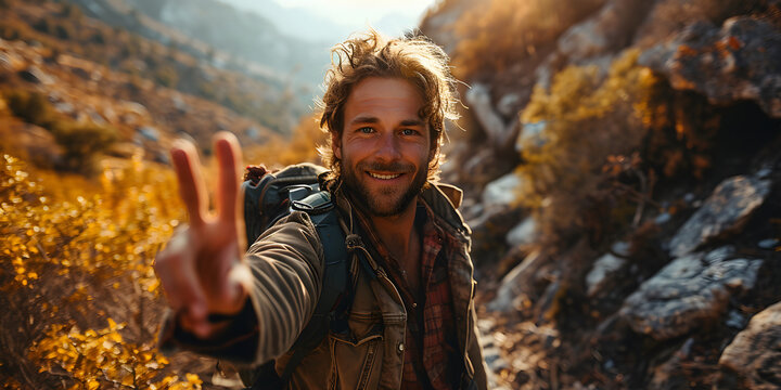 A Man Takes a Selfie in the Hills at Sunrise with a Peace or Victory Finger Sign