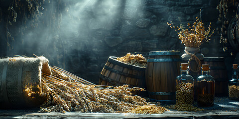 Old barrel on a dark room with glass bottles and weat on a surface with dark background and sun waves on it Ai Generative