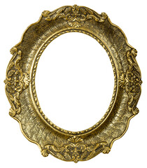Old gold oval vintage picture frame, graphic element isolated on a transparent background