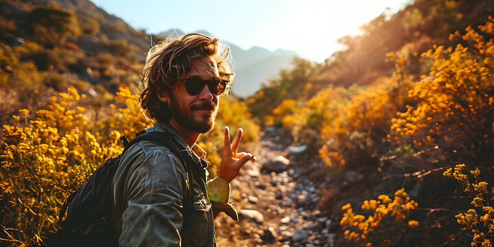 A Man Takes a Selfie in the Hills at Sunrise with a Peace or Victory Finger Sign