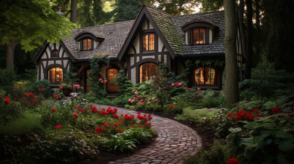 Fototapeta na wymiar Idyllic Tudor Style Cottage Nestled in a Forest
