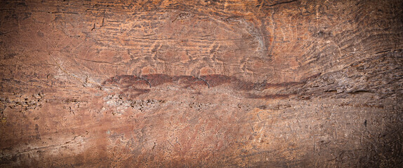 Selective focus of old texture painted wooden boards. Close up
