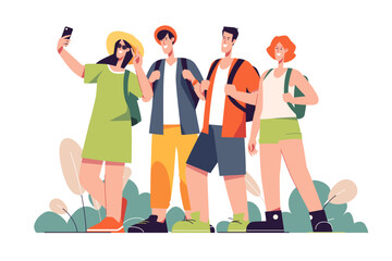 A group of happy friends tourists travelers. Vector illiustration