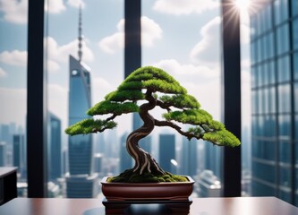 bonsai tree in from of a window at corporate company office with skyscrapers view. prospering and financial success. Business, marketing and growth. - obrazy, fototapety, plakaty