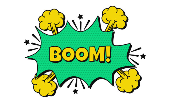 Comic speech bubbles with text and halftone. Green and yellow dialog bubble with  the word boom. Comic speech bubble on transparent background.