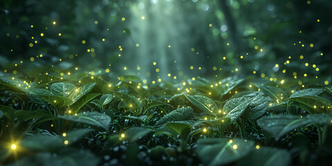 Fototapeta na wymiar Enchanted magical forest with fireflies or lightning bug Fireflies in the forest at night forest scene with a forest path with a fireflies in the foreground Ai Generative