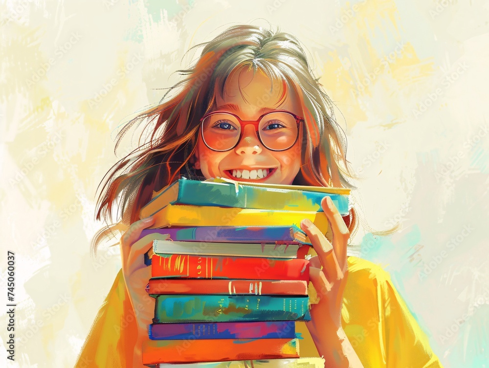 Poster smiling girl with glasses and books a celebration of reading and self-expression generative ai