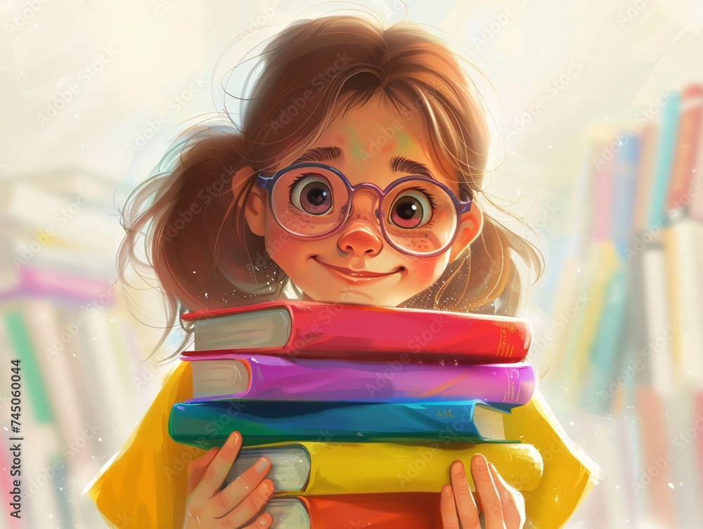 Poster smiling girl with glasses and books a catchy and optimized title for adobe stock generative ai