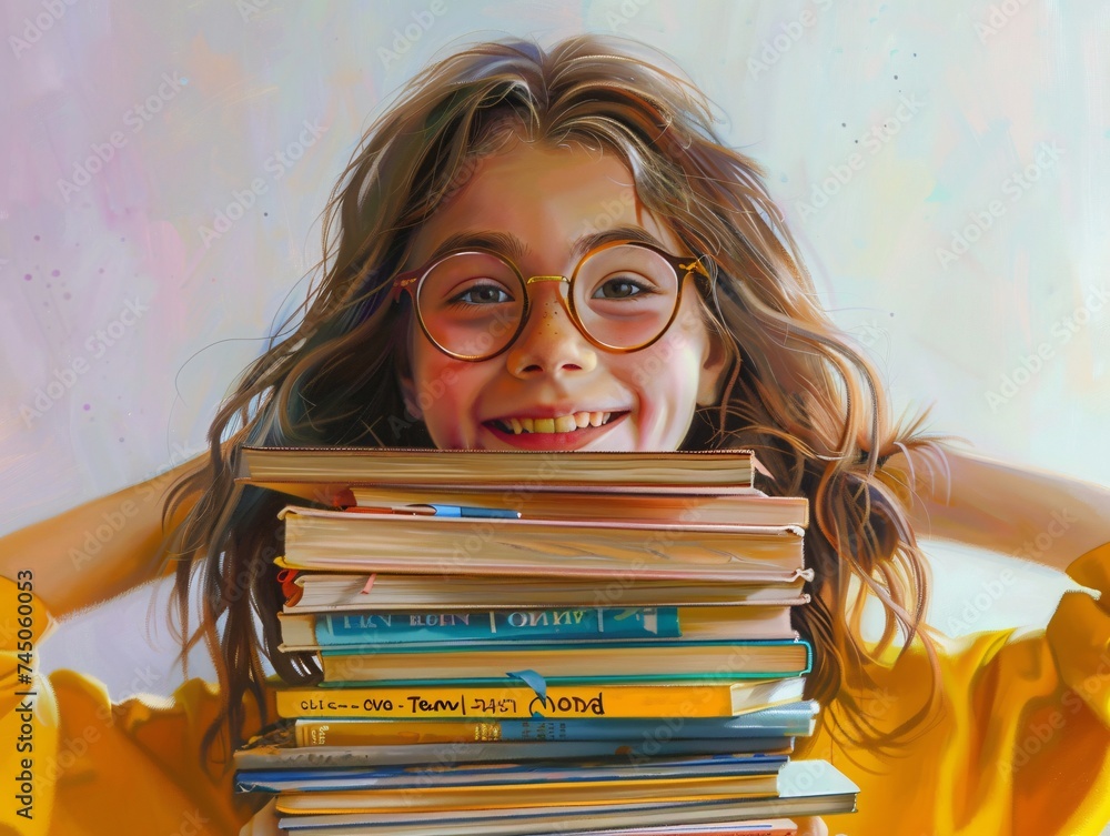 Poster smiling girl with glasses and books a celebration of reading and self-expression generative ai